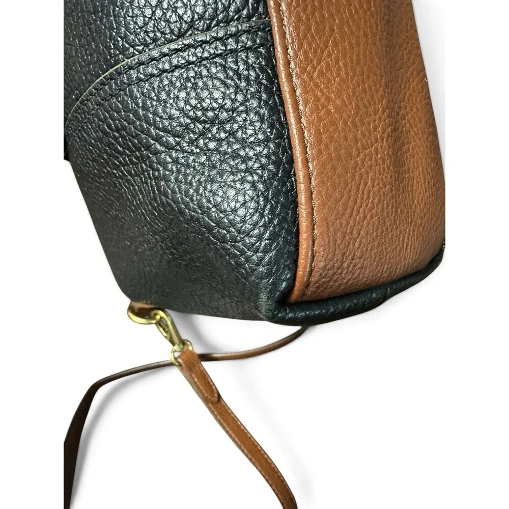 Fossil Black Leather Crossbody Satchel Bag Brown Strap Zip Top